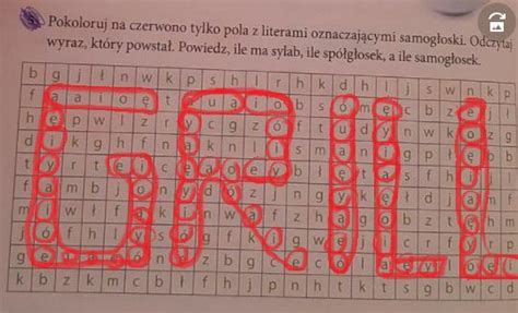 Pokoloruj na czerwono tylko pola z literami oznaczającymi samogłoski