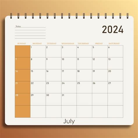 Plantilla De Calendario De Julio De Con Color Naranja Vector Premium