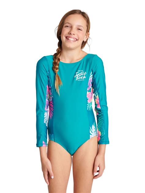 Justice Girls 1 Piece Long Sleeve Rashguard Swimsuit Sizes 5 18