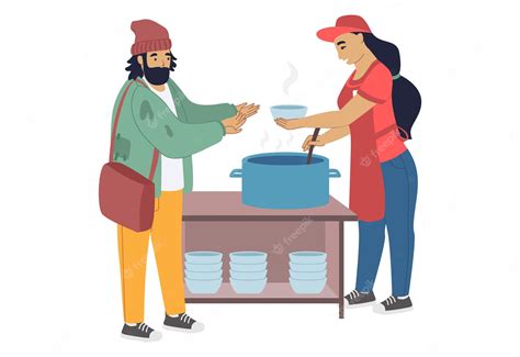 Premium Vector Volunteer Feeding Homeless Person Flat Vector