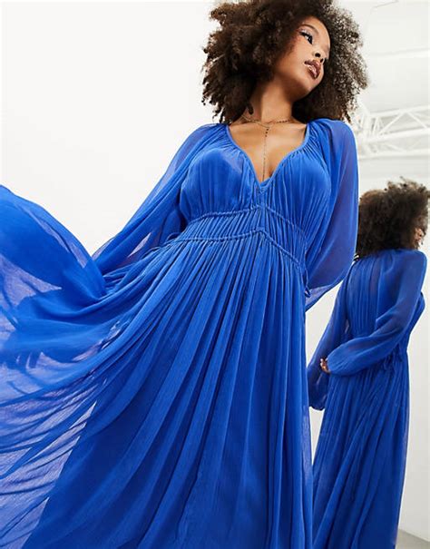 Asos Edition Ruched Gathered Waist Chiffon Maxi Dress In Bright Blue Asos