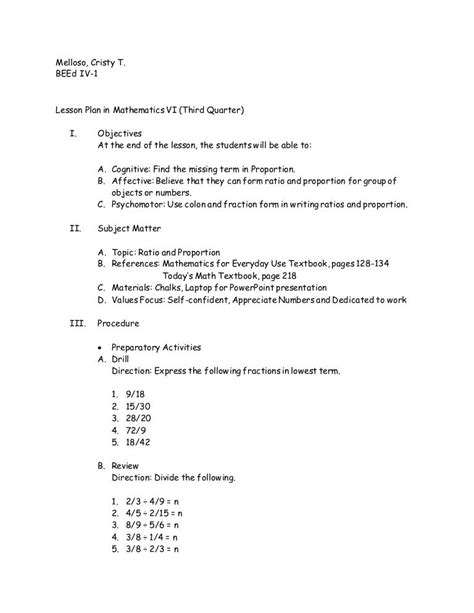 Lessonplan In Math 6 Ratio And Proportion