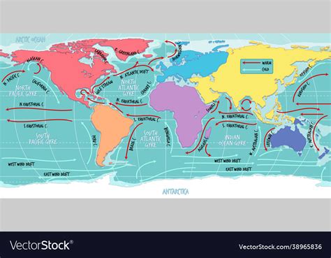 Ocean Current World Map With Names Royalty Free Vector Image