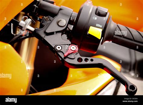 Close Up Of Racing Motorcycle Handlebar And Clutch Lever Stock Photo