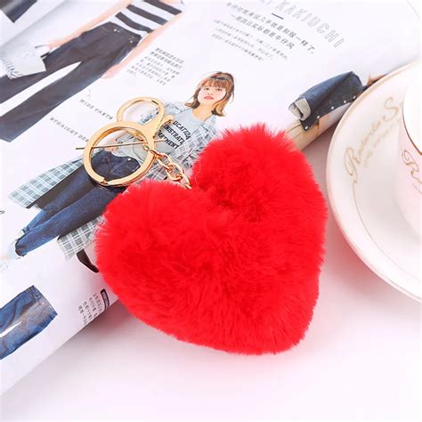 Heart Ball Pom Pom Keychain Fluffy Faux Rabbit Fur Pompom Pom Pom Key Chain Women Bag Pendant