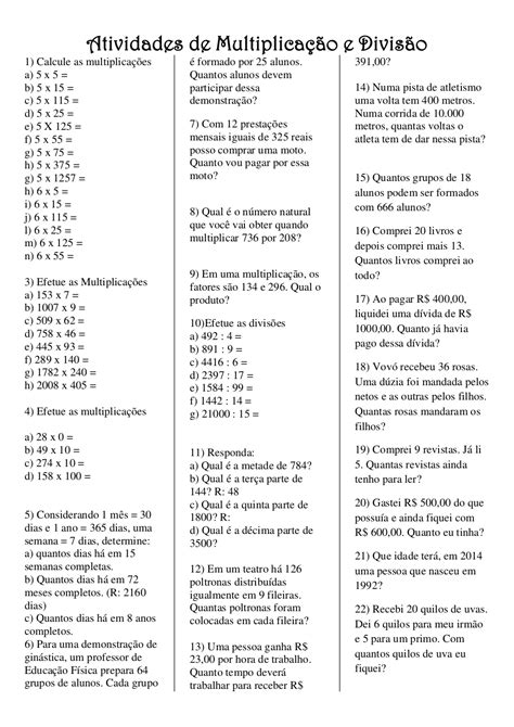 Problemas De Multiplicação E Divisão 5o Ano Gabarito EDUKITA