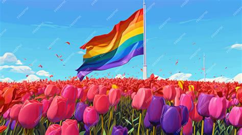 Premium Ai Image Lgbtq Rainbow Flag On The Blue Sky With Flower Field