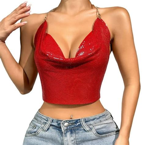 Female Sexy Hot Girl Nightclub Y2k Sequins Backless Halter Neck Camisole