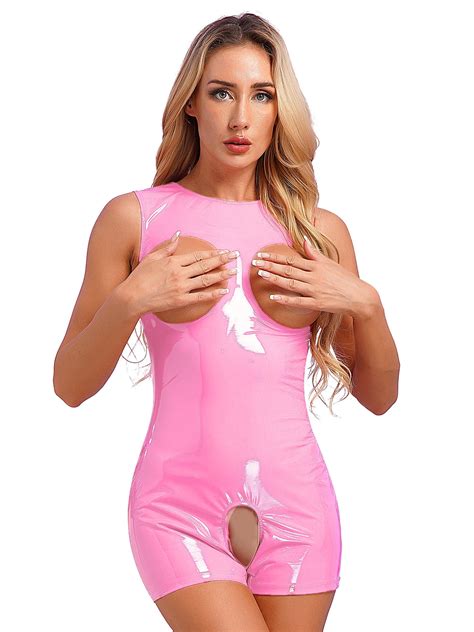 Yeahdor Womens Latex Open Cups Catsuit Glossy Patent Leather Crotchless