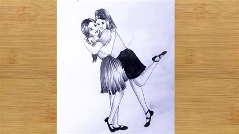 How To Draw Two Sister Hugging Each Other With Beautiful Dress || Pencil sketch || Face Drawing ...