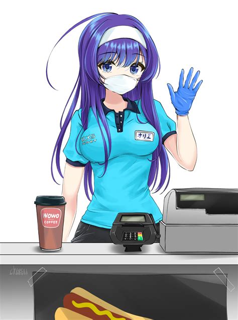 Safebooru 1girl Ahoge Aqua Shirt Blue Eyes Blue Gloves Blue Hair Breasts Chaesu Coffee Cup