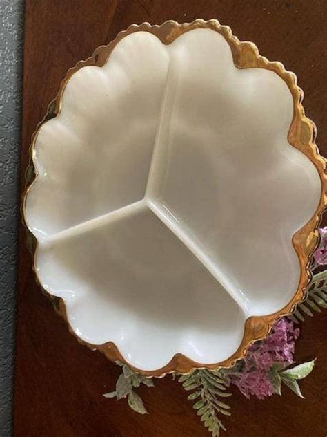 Anchor Hocking Fire King Pattern Milk Glass Gold Trim Relish