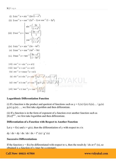 Class Th Math Continuity And Differentiability Formulas Cbse