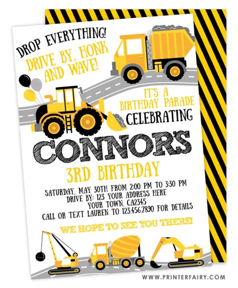 Drive By Construction Birthday Parade Invitation Printerfairy