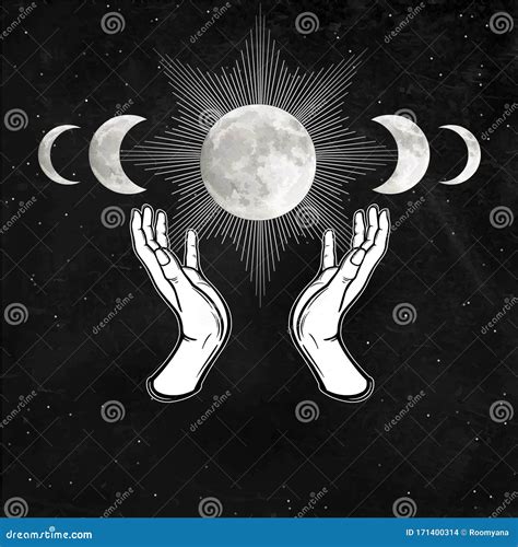 Mystical Drawing Woman `s Hands Hold The Moon Stock Vector Illustration Of Animation Gothic