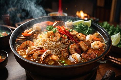Premium Ai Image Noodles Spicy Boil With Seafood Shrimp Vegetable Food And Pork In Hot Pot