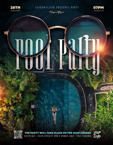 The Pool Party Flyer Is Shown With An Image Of A Man In Glasses On It