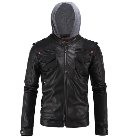 Mens Motorcycle Brando Style Biker Real Leather Hoodie Jacket Detach Hood Fh Coats And Jackets