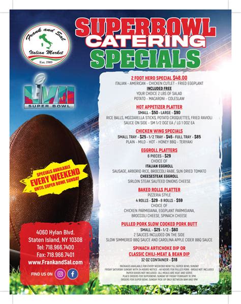 Super Bowl Catering Menu Frank And Sal