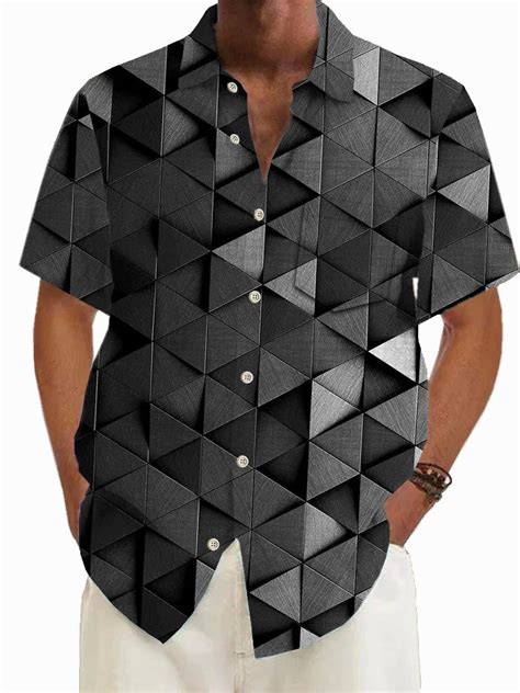 Royauraretro Geometric D Print Men S Button Pocket Short Sleeve Shirt