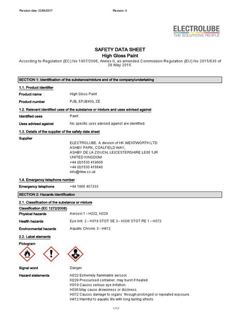 Safety Data Sheet High Gloss Paint Revision Date 22 06 2017 Revision 0 Pdf Dangerous