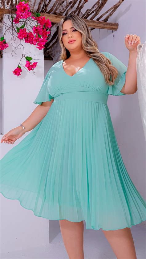 Vestido Midi De Festa Plus Size Saia Plissada Moda Maior