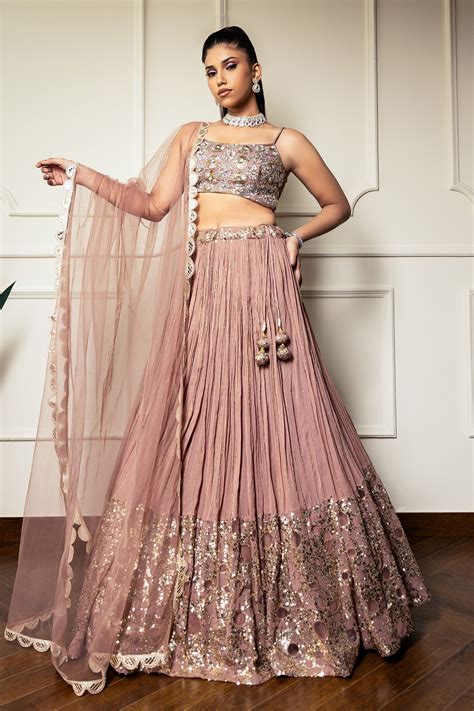 Buy Rose Gold Net Hand Embroidered Bead Round Sequin Pleated Lehenga