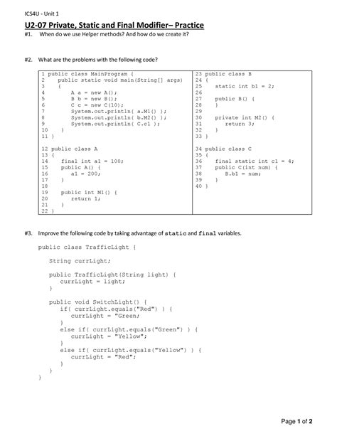 U Private Static And Final Modifier Practice Ics U Unit