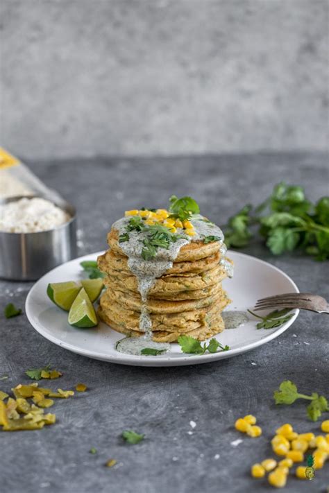 Savory Corn Pancakes W Cilantro Dill Cream Sauce Vegan Oil Free