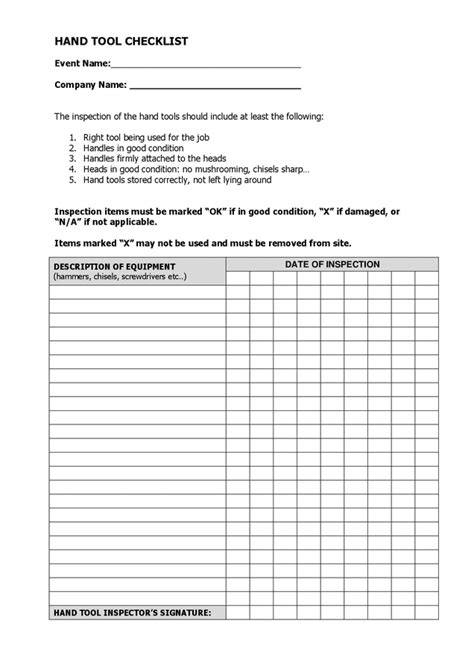 Hand Tool Checklist In Word And Pdf Formats