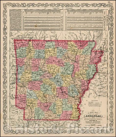 Historic Map Arkansas With Its Canals Roads And Distances 1850 Charl Historic Pictoric