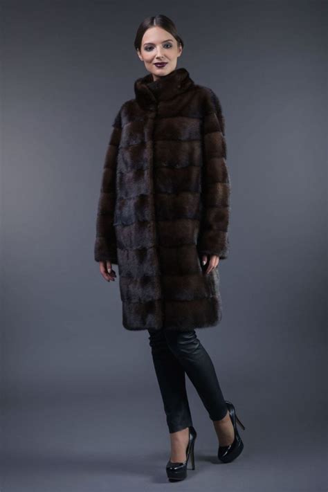 Natural Dark Brown Horizontal Mink Fur Coat Handmade By Nordfur