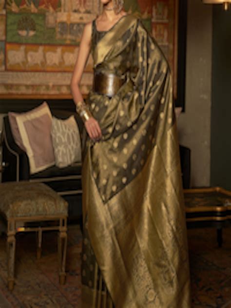 Buy Mitera Olive Green Gold Toned Ethnic Motifs Zari Bagru Saree