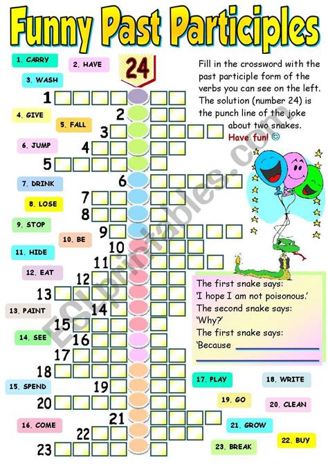 FUNNY PAST PARTICIPLES - COLOUR, BLACK AND WHITE VERSION AND ANSWER KEY ...