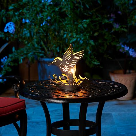 9 75 H Black And Gold Metal Cutout Flying Hummingbird Silhouette Solar Powered Edison Bulb