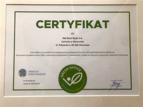 Certyfikat Ekologiczny Green Office Dla Ing Banku L Skiego