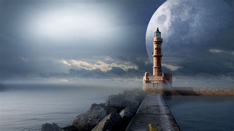 Download Moon Dock Pier Artistic Lighthouse Hd Wallpaper