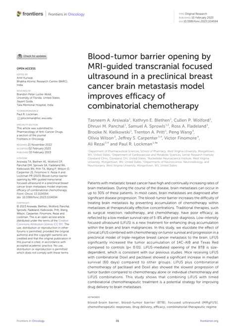 Pdf Blood Tumor Barrier Opening By Mri Guided Transcranial Focused