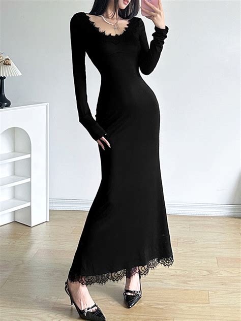 Emmiol Free Shipping U Neck Lace Splice Long Sleeve Mermaid Maxi