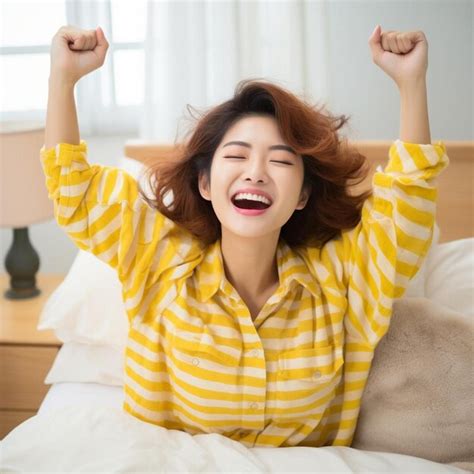 Premium Ai Image Portrait Of Smiling Happy Asian Girl Wakes Up