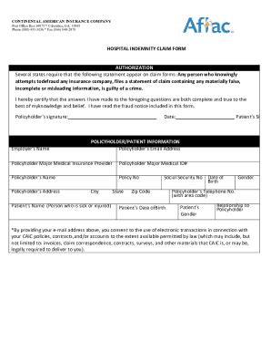 Fillable Online HOSPITAL INDEMNITY CLAIM FORM AUTHORIZATION Fax