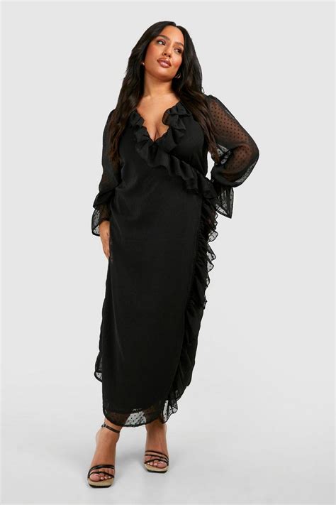 Plus Dobby Mesh Ruffle Detail Long Sleeve Wrap Dress Boohoo Uk