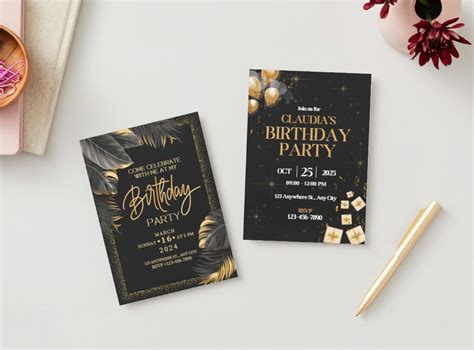 25 Pack Black And Gold Elegant Birthday Party Invitations Printed W