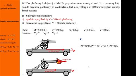 162 Dynamika Zasada zachowania pędu Platforma kolejowa z armatą Masa