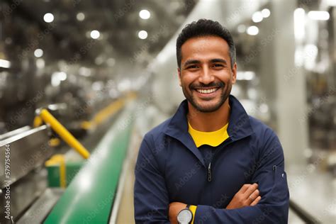 Candid Shot Of A Confident Hispanic Male Factory Worker With Arms