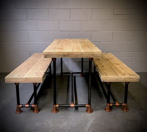 Industrial Reclaimed Scaffold Board Dining Table Steel Legs And 2 Benches