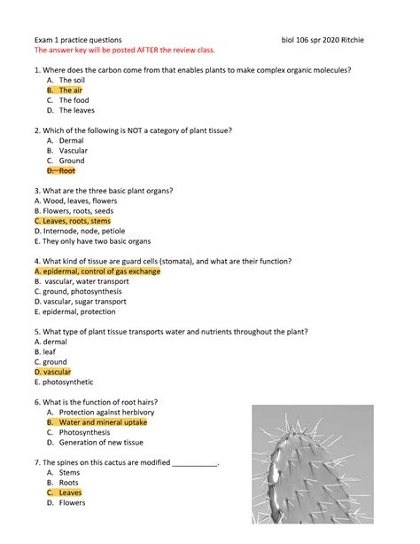 Exam 1 Practice Questions Biol 106 Spr 2020 Ritchie Exam 1 Practice