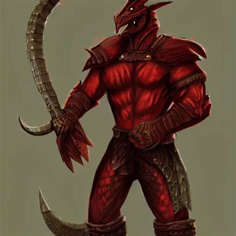 KREA Red Scaled Male Dragonborn Wearing Rogue Outfit Muscular