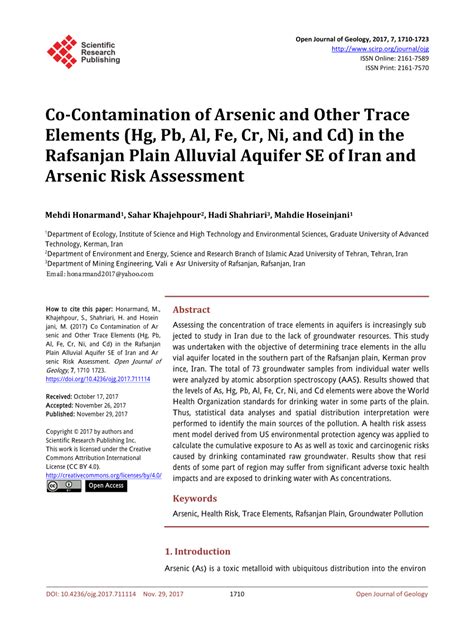 Pdf Co Contamination Of Arsenic And Other Trace Elements Hg Pb Al