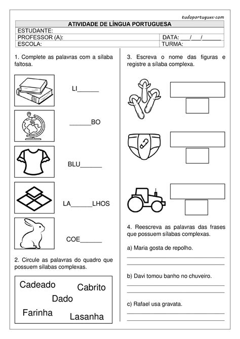 Atividades Sílabas Complexas 1º ano Tudo Português